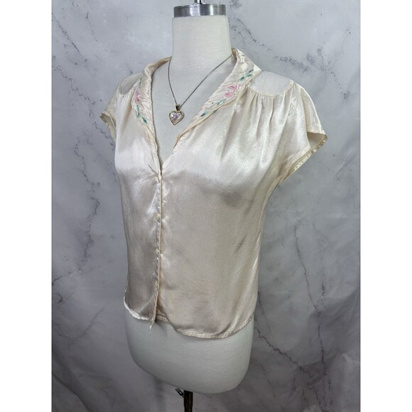 Vtg 70s You Babes Satin Button up Blouse S Cream Embroidery Collar Top Coquette - Picture 3 of 16